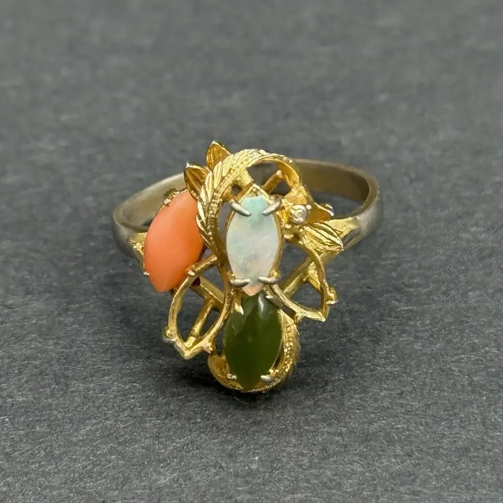 Vintage 14K GF Opal Coral Jade Marquise Multi-Stone Floral Bypass Ring Size 9